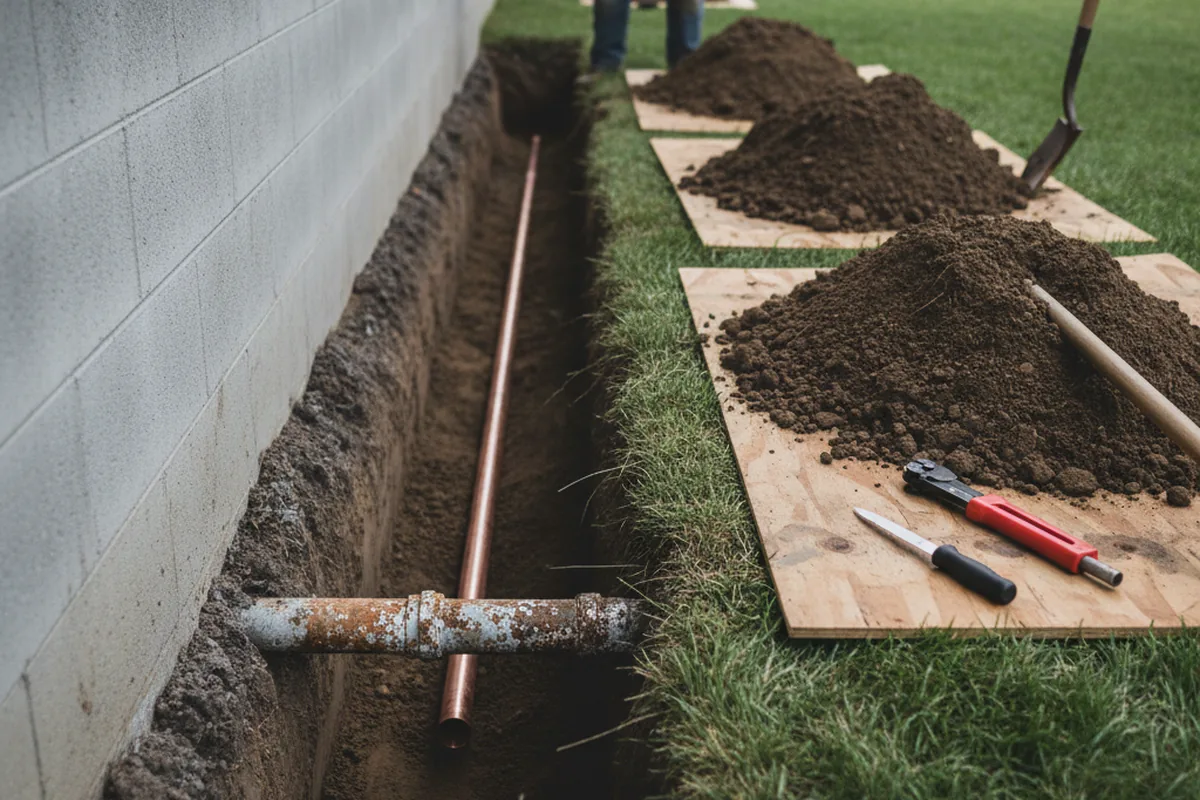 Excavated water line trench during Water Heater Repair in Olathe
